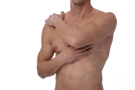 肌肉发达的男性躯干 胸部 腋下脱毛的特写。打蜡的男性