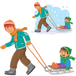 矢量爸爸，哥哥拖雪橇与小男孩