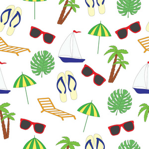 在夏季主题上的无缝模式。矢量图片用船，太阳镜，一巴掌，一个躺椅 遮阳伞 鞋类 棕榈树