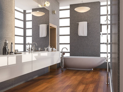 3d 渲染实木现代浴室瓷砖石材墙在夏天与窗口