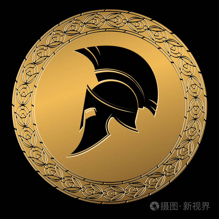 斯巴达的头盔点缀在希腊风格金颜色的符号
