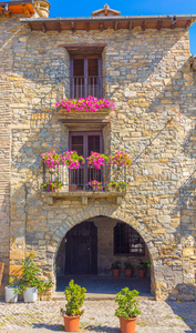与花在城镇中韦斯卡，西班牙比利牛斯的房子