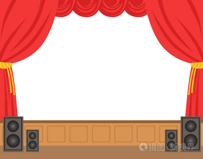 剧院舞台拉开红色的大幕姹紫嫣红的卡通人物矢量图