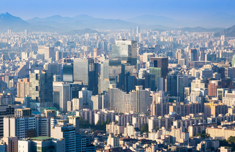 首尔市和市中心天际线在空中，韩国