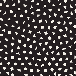 分散的几何形状。灵感来自孟菲斯风格。抽象背景设计。矢量无缝黑色和白色不规则花纹