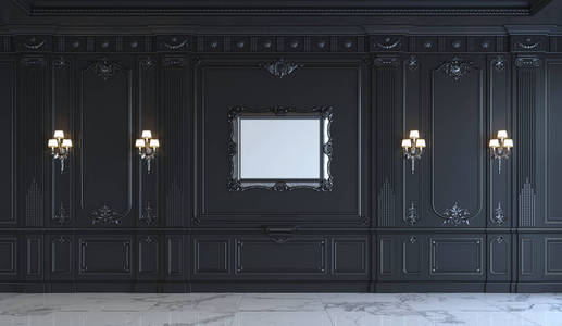 黑墙板与镀银的古典风格。3d 渲染