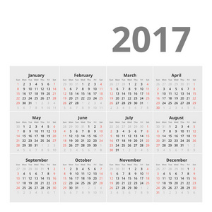 2017 年的日历。矢量设计模板。周从星期日开始