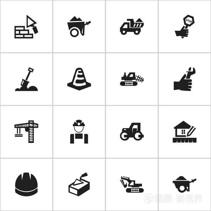 16 可编辑建设图标集.包括符号耐力, 手推车, 通知对象等.