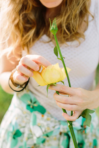人和插花概念特写的年轻女子手里拿着新鲜的黄玫瑰，手指轻轻地抚摸的花蕾，女性与花瓣飘逸的长发，穿着白衬衣，五颜六色的裙子