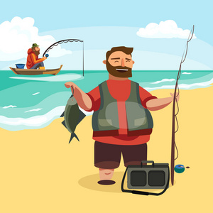 幸福的渔夫站立和持有在手纺钓鱼竿鱼抓住，书包上有渔夫自旋和设备 搞笑卡通矢量图 人积极地安排假期横幅或海报概念