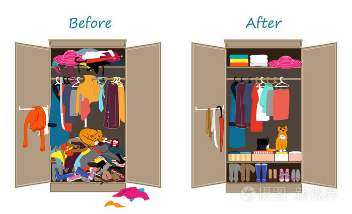 前凌乱, 后整洁的衣柜.