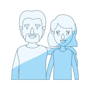 蓝色底纹漫画一半身体几女人与短的头发和胡子的人的剪影
