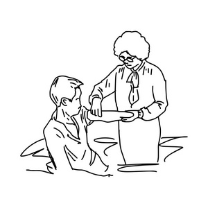 女医生检查禁用的男性病人。医疗概念矢量图草图手绘与孤立的白色背景上的黑色线条