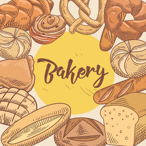 面包店手绘设计与不同的新鲜面包和面包。矢量图