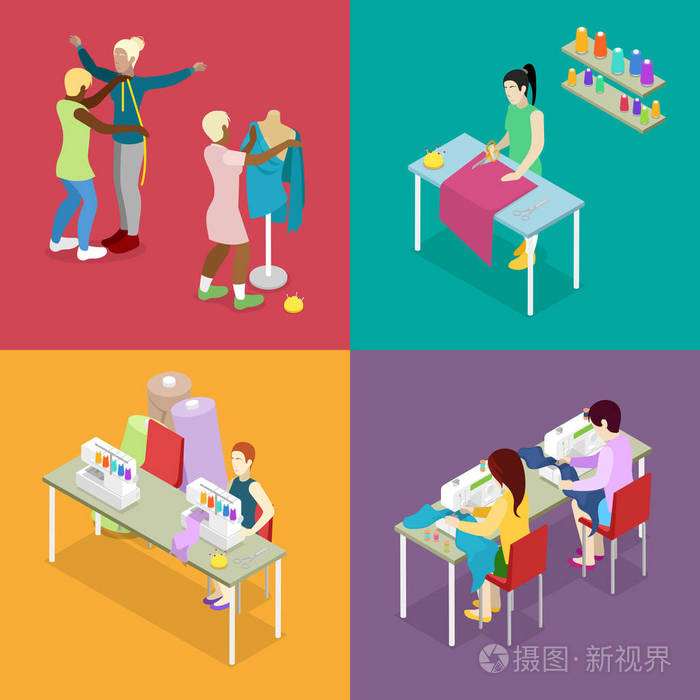 等距的裁缝沙龙工作室与裁缝和模特.缝纫和编织.女人制作衣服.