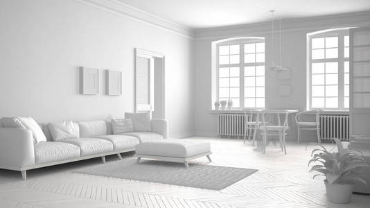 总的白色斯堪的纳维亚客厅，简约的室内设计