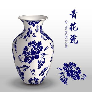 海军蓝色中国瓷花瓶植物园鲜花盛开