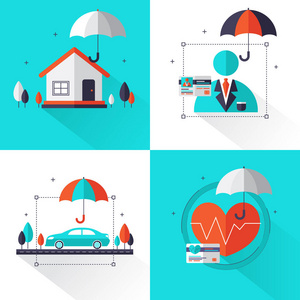 保险概念集。该集合包含的房子 汽车 健康 人身保险。可用于 web 横幅 业务 海报设计 布局 图和广告。矢量图