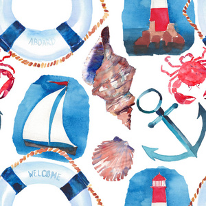 美丽明亮多彩可爱的夏天海洋海滩模式的救生圈 蓝色锚 红白色航标 红蟹 柔和可爱贝壳和白船水彩手图