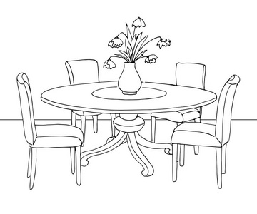 餐厅里的一部分。一轮桌子和椅子。上表的花瓶里的花。手的素描画。矢量图