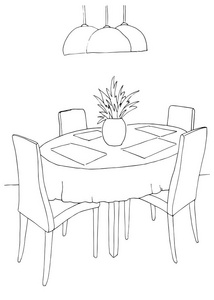 餐厅里的一部分。一轮桌子和椅子。上表的花瓶里的花。灯悬挂在桌子上方。手的素描画。矢量图