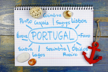最受欢迎的葡萄牙地方的暑期。写在笔记本上与海主题装饰