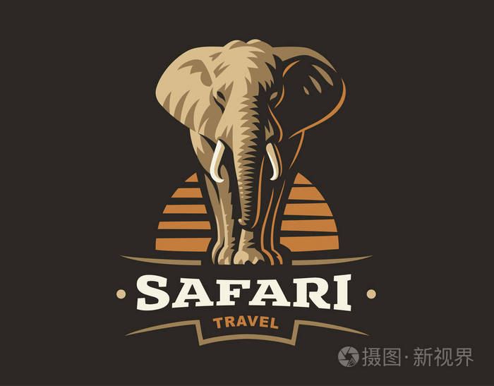 非洲野生动物园大象标志-矢量插图,在深色背景上的国徽