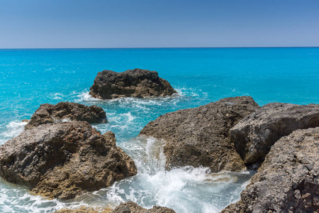 惊人的景观的蓝色水域 Megali 佩特拉海滩 莱夫卡达 爱奥尼亚群岛