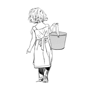 穿着长裙子的小女孩。小女孩用玩具桶