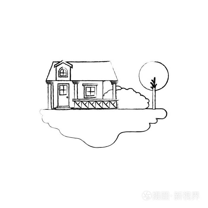 插画 单色模糊剪影场景的栏杆和阁楼的室外的景观和门面房.eps