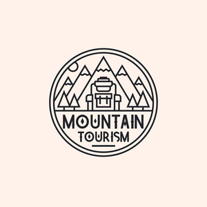 山旅游标志组成的山脉和野营标识，攀登象征背包线条样式