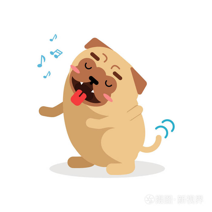 可爱的卡通哈巴狗狗性格摇尾巴唱歌矢量图
