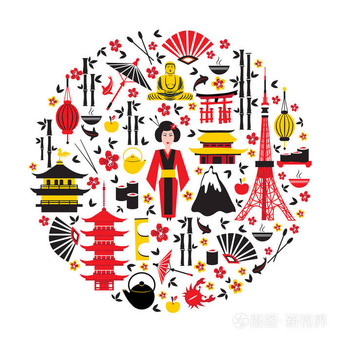 旅行图标矢量插画隔绝,地标金阁吉寺,严岛神社,东京塔,孔子庙,山富士