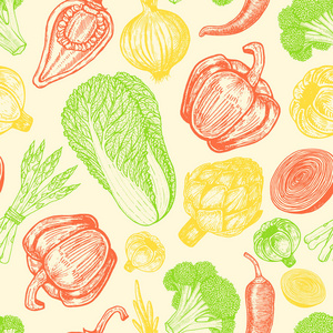 与手工绘制的元素集的无缝模式。素描风格新鲜蔬菜。不同基因型辣椒