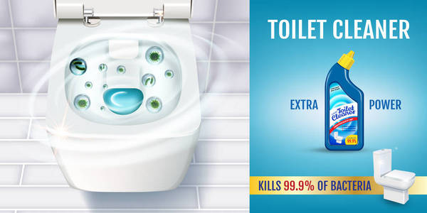 清新的芬芳厕所清洁凝胶广告。矢量与顶视图的厕所碗和消毒剂容器的现实例证。横幅