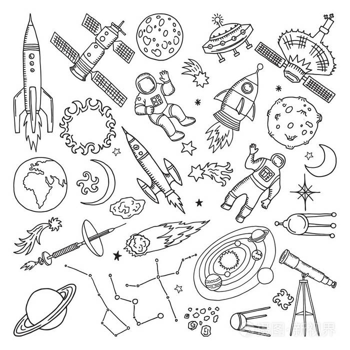 嘟嘟不同宇宙元素.行星, 太阳, 地球和月球.矢量手绘制的插图