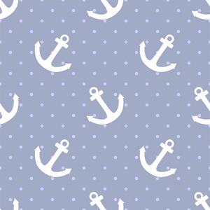 平铺水手矢量模式与白色船锚和柔和的蓝色背景上的波尔卡圆点