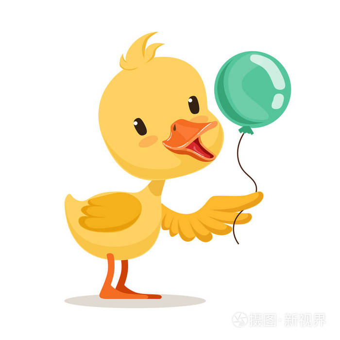 小卡通小鸭字符控股蓝色气球,可爱的表情符号矢量图