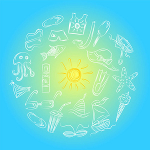 手画夏天空缺 Symbols.Template 与涂鸦船 冰淇淋 棕榈树 帽子 雨伞 水母 鸡尾酒，太阳与地方为文本