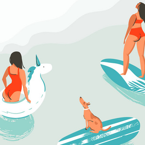 冲浪女孩，在冲浪板隔离在蓝色背景上的水中游泳独角兽圈和狗手绘制的矢量抽象的夏季时间图卡