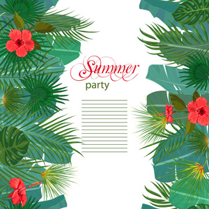 手绘热带棕榈叶和白色背景与无缝边框上的丛林朵奇葩海报模板