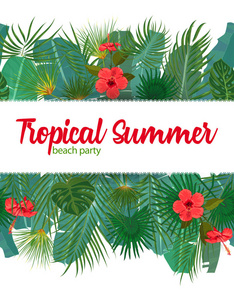 手绘热带棕榈叶和白色背景与无缝边框上的丛林朵奇葩海报模板