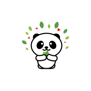 可爱的熊猫吃叶矢量插图，熊宝宝的标志，新设计线艺术，中国的玩具熊黑颜色标志 简单的图像，与动物图片