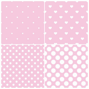 可爱的粉红色瓷砖矢量模式上柔和的背景设置与白色的圆点和心