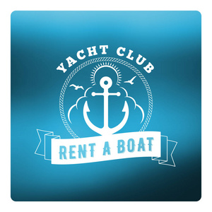 小船出租夏天徽章。排版的复古风格标签与模糊的蓝色背景。租赁机构概念，游艇俱乐部。旅游图