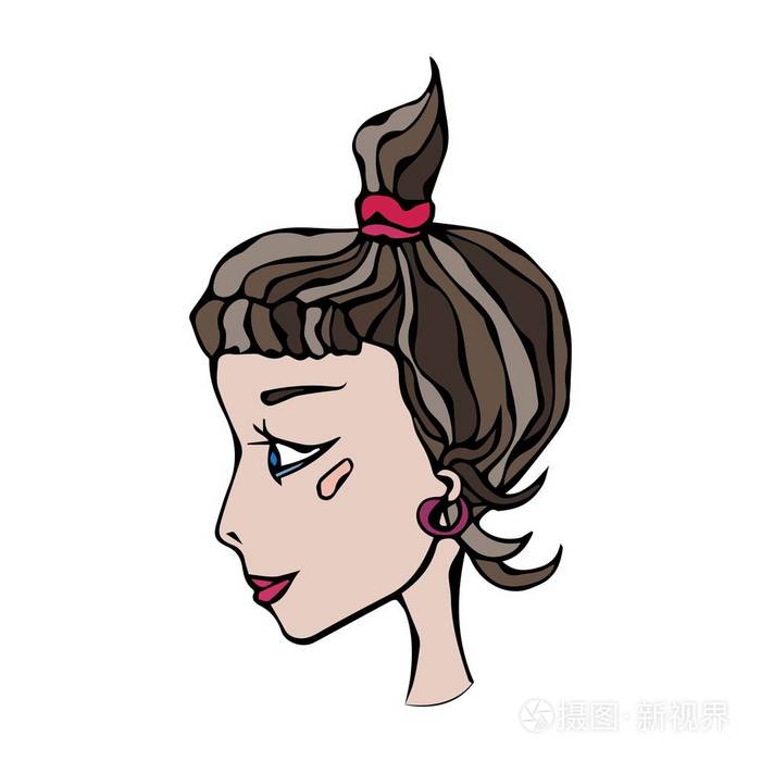 可爱的卡通时髦女孩脸头部呈侧面与小马尾巴微笑腮红