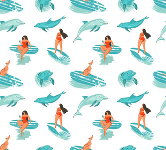 手与冲浪女孩比基尼 狗冲浪板和跳跃的海豚在无缝模式隔离在白色背景绘制的矢量抽象的夏季时间乐趣