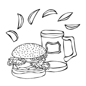 大的汉堡包或芝士汉堡，大杯啤酒或一品脱和炸土豆。汉堡刻字。孤立在白色背景上。现实的涂鸦卡通风格手绘素描矢量图