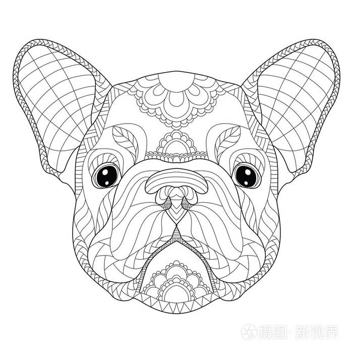 法国斗牛犬小狗头部zentangle程式化矢量插画手绘铅笔模式禅宗艺术