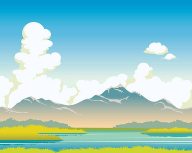 山 湖 草 云。夏季自然